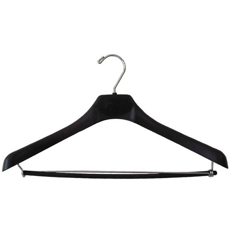 18" Black Plastic Concave Suit Hanger with Wide Shoulders (with Locking Pant Bar)